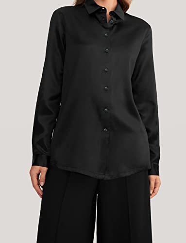 Houmous Womens Satin Silk Button Down Shirts Formal Office Work Wear Shirt For Girl Casual Loose Long Sleeve Blouse Top(Black,L) #TOP1