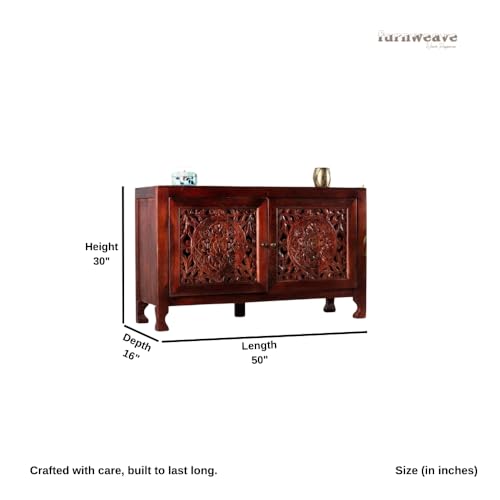 Image of Yepa Wooden Sideboard Cabinet for Living Room | Handcrafted Solid Wood Storage Cabinet with Carved Doors | Crockery Cabinet for Home | Crockery Furniture for Home (Mahogany)