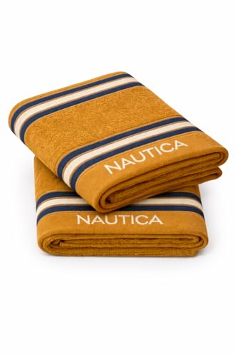 Nautica 500 GSM Super Soft Zero Twist 100% Cotton Towel -2Pc Hand Towel (Vintage Crew Stripe) Solid-Beige