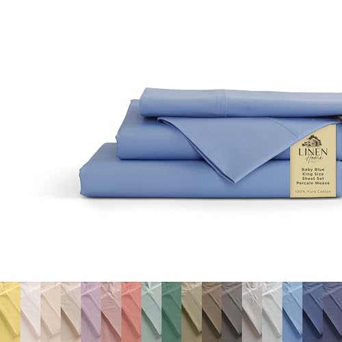 Image of Linen Home 100% Cotton Percale Sheets King Size, Baby Blue, Deep Pocket, 4 Pieces Set - 1 Flat, 1 Deep Pocket Fitted Sheet and 2 Pillowcases, Crisp Cool and Strong Bed Linen
