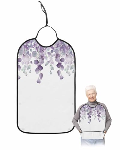 LEOKOTI Purple Teal Botanical Adult Bibs for Eating, Waterproof Bibs with Food Catcher & Snap Closure, Watercolor Spring Eucalyptus Leaves Washable Clothing Protectors Adult Bibs for Elderly