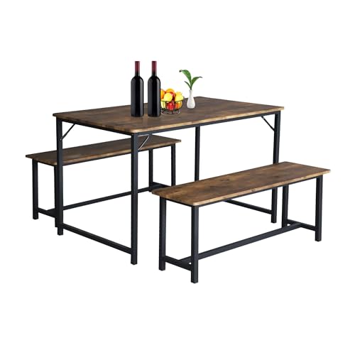 LUCKYERMORE Dining Room Table Set for 4, Kitchen Table with 2 Benches, Small Breakfast Nook Table Set, 3-Piece Dining Room Table Space-Saving Dinette Wood Farmhouse, Rustic Brown & Black