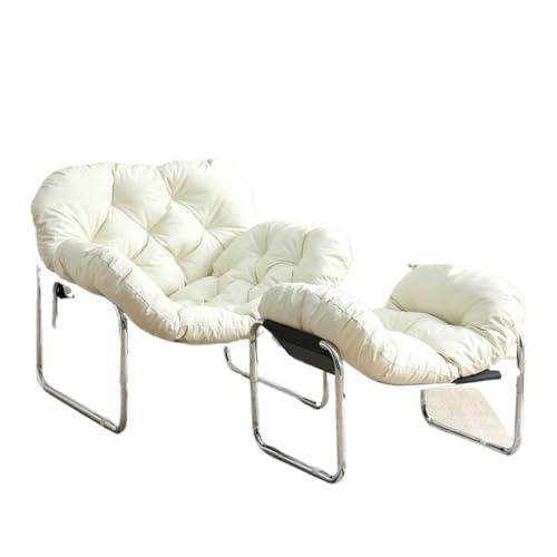 OGXNリラックスチェア、一人掛けソファー、フロアチェア、耐荷重150kg、高耐久素材、通気性、組み立て簡単、屋内屋外兼用、リビング、バルコニー、書斎 (パールホワイト,シルバーレッグ + フットペダル)