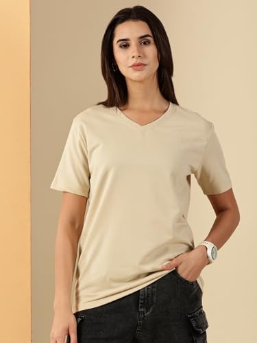Image of Women's Pure Cotton Relaxed Fit V-Neck Half Sleeve T-Shirt | Gym Wear Casual Look T-Shirt | Regular Fitting with Comfort Wear for Women