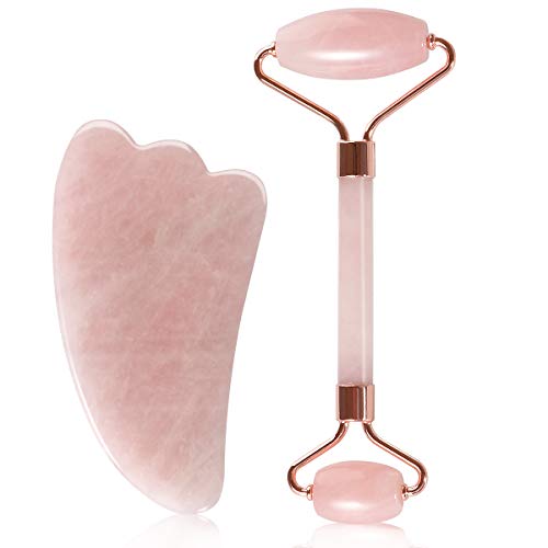 Jade Roller for Face Anti Aging Roller Massage Rose Quartz Roller 100% Real Natural 2 in 1 Gua Sha Tools Set Jade Facial Roller Massager