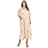 Miss Lavish London Pink Floral Kaftan for Women Plus Size Maxi Caftan Dress with Pockets, V-Neck Batwing Sleeve Beach Cover Up, Summer Resort & Cruise Wear-M
