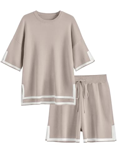 Ekouaer Womens Knit Lounge Set 2 Piece Sweater Sets Short Sleeve Pullover Tops Loungewear Khaki, Medium
