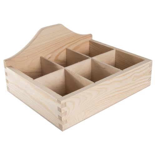 WooDeeDoo Wooden Tea Display Box with 6 Compartments Wavy Back Open Storage Crate Decorative Pine Desk Organiser Craft Tidy Container Unpainted Wood 23.5 x 18.5 x 11.5 cm