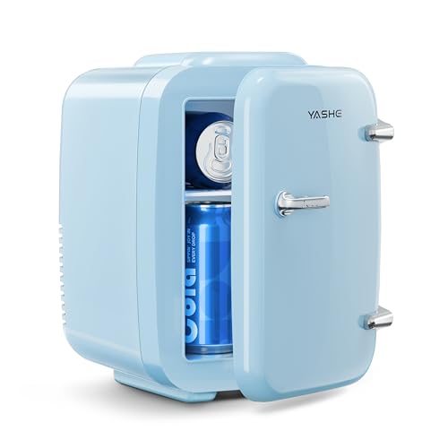 Image of YASHE Mini Fridge, 4 Liter /6 Can Mini Makeup Fridge, 110V AC / 12V DC Portable Thermoelectric Cooler&Warmer for Skincare, Drink, Cosmetic, Medicine, Small fridge for Bedroom, Office, Dorm, Car, Blue