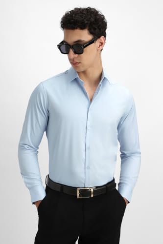 Image of SNITCH Men Formal Shirt | Tailored Slim Fit Full Sleeve Spread Collar Solid Style | Breathable Polyester Viscose Blend Twill Fabric for Office & Evening