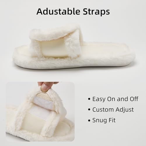 Fashion Soft Open Toed Slippers for Women Adjustable Straps Imitation Rabbit Fur Cozy Lining House Shoes3