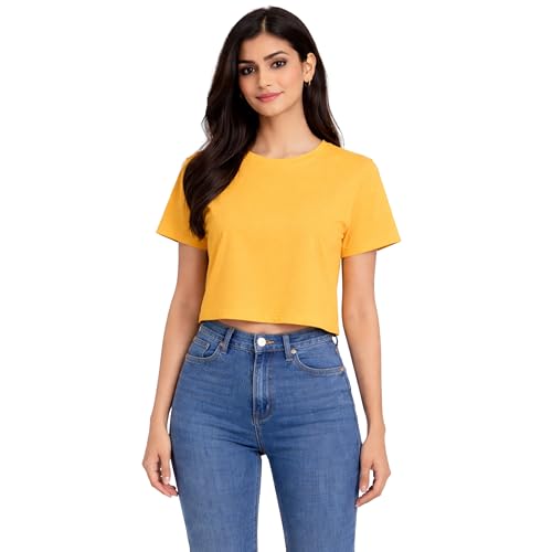 Image of Hangout Hub Women Crop Top T-Shirts | Round Neck Plain Solid Tshirts | Double Weaved | Shrink Free Tees | Casual T-Shirt for Woman Ladies Girls(Cotton|Pack of 3)
