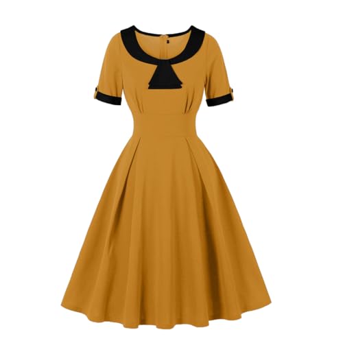 Image of Wellwits Women's Bow Neck Color Block Work Cocktail Vintage Dress Pumpkin Yellow 2XL