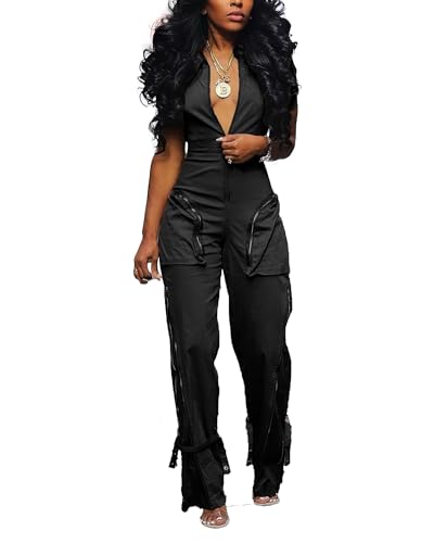 LKOUS Jumpsuits for Women Dressy, Casual, Cargo, Short Sleeve, Zipper