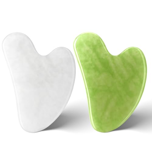 2 PCS Piedra Gua Sha Facial, Pads de Raspad en Jade Natural, Herramientas de Cuidado Lifting Facial, Herramientas De Masaje en Forma de Corazón Para El Rostro, El Cuello, El Cuerpo, 1 Blancos, 1 Verde