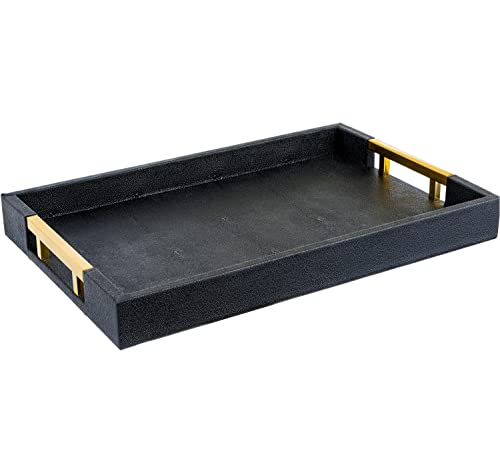 Modern Elegant 17.5"x12" Rectangle Black Glossy Shagreen Faux Leather Decorative Tray Ottoman Coffee Table Perfume Living Room Kitchen Serving Tray with Gold Polished Metal Handles by Home Redefined