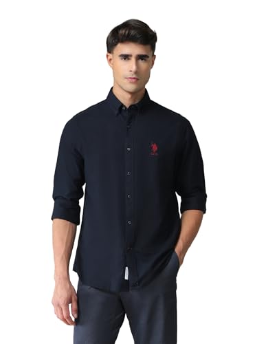 Image of U.S. POLO ASSN. Solid Cotton Shirt for Men - Slim Fit, Spread Collar Mens Casual Shirts