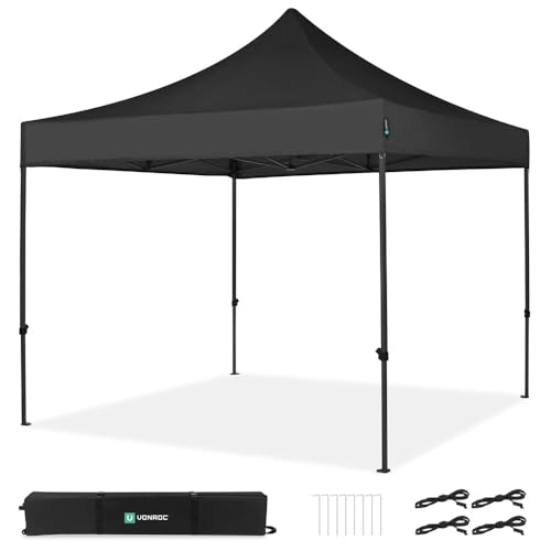 VONROC Carpa para Fiestas Easy-Up 3 x 3 m Negra – Toldo de jardín Impermeable, protección UV 50+, Estructura de Acero, Bolsa con Ruedas, Modular y Ampliable