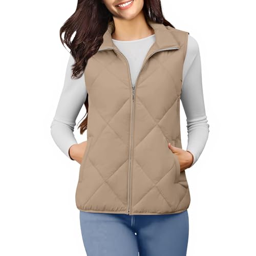 NSICBMNO Brown Gilet For Women Uk - Winter Jacket For Women Uk, Padded Gilet Ladies Gillette Body Warmer Padded Vests, Quilted With Pockets, Zip Up Vest Sleeveless Puffer Jacket Cotton Jackets