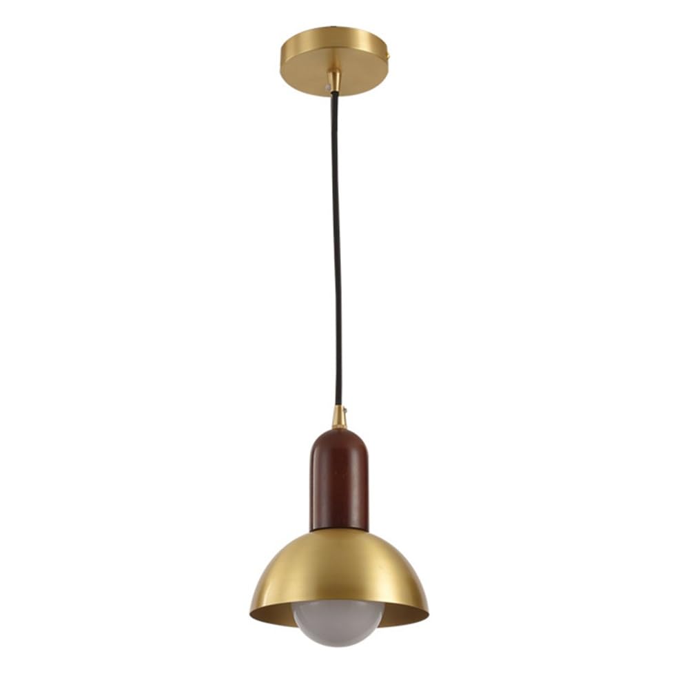 ITOSUI Mid Century Modern Pendant Light Gold Brass Dome Walnut Wood Glass Globe Hanging Lamp for Kitchen Island Bedside Study 5.9-Inch E26 Socket 70.9" Adjustable Cord(20cm)