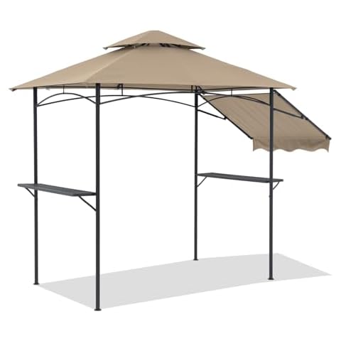 COBANA Grill Gazebo 8’x 5’ Outdoor Patio Backyard BBQ Grill Shelter with Side Awning, Double Tiered Soft Canopy Top with Steel Frame and Bar Counters, Beige Cover