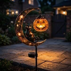 Solar Halloween Black Cat & Pumpkin Moon Garden Stake Light, #B