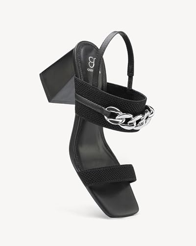 COSY Women's Knit Square Toe Sandals - Chunky Block Heel Slip-Ons with Metal Chain Strap, Non-Slip Comfort Slides for Walking, Shopping, Parties3