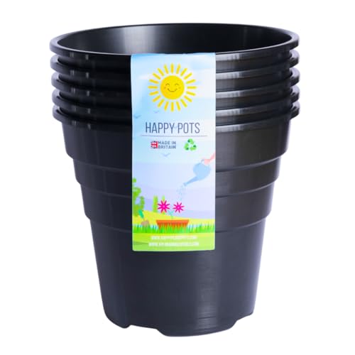 Happy Pots Plastic Plant Pot 15cm - Nursery Pot - 5 Pack - Made in UK - Recyclable - With Drainage Holes - BPA Free Black