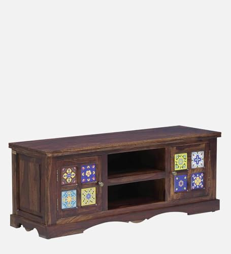 Image of Solid Wood TV Unit for Living Room 50 Inch Furniture - Wooden TV Unit with Storage Cabinet with 2 Door, 2 Open Shelves Wooden TV Cabinet for Living Room - Fits up to 50-Inch TV (Evan)