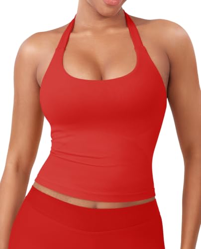 Image of YEOREO SoftHue Women's Impact Halter Tank Top Longline Backless Scoop Neck Built-in Bra Sports Workout Gym Crop Top