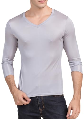 Mens Silk Thermal Underwear Shirts Long Johns Top Long Sleeves V Neck Base Layer Tee Shirts Lightweight Blouse Undershirt