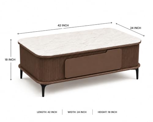 Image of WOODEN SPACE Premium Solo Marble-Top Wooden Center Table for Living Room | Iron Legs | PVD Coating | Modern Entryway Furniture | Coffee Table (Brown, 42x24x18 Inch)
