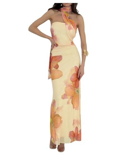 Image of Milumia Women's Halter Floral Bodycon Dress Summer Vacation Sleeveless Party Cocktail Maxi Dresses