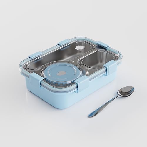 Image of 3-Compartment Stainless Steel Lunch Box, Leak-Proof & BPA-Free Bento Box, Eco-Friendly, Durable Meal Prep Container for Kids & Adults, Ideal for School, Office, College, Travel (Sky Blue)