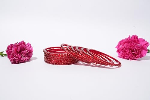 Image of Glass Bangles Set for Women | Raindrop Design Bangles with Crystal Embellishments | Traditional Indian Wedding & Glass Bangles for Women | Pack of 12 (Red)