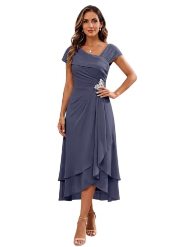 Petite Grandma of The Bride Dresses for Women V Neck Cap Sleeve Beaded Midi