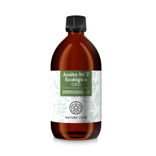 NATURE LOVE® Aceite MCT ecológico C:8 – 500ml – elaborado con aceite de coco 100% ecológico - ideal para dietas cetogénicas - ácidos grasos exógenos para favorecer la formación de cetonas