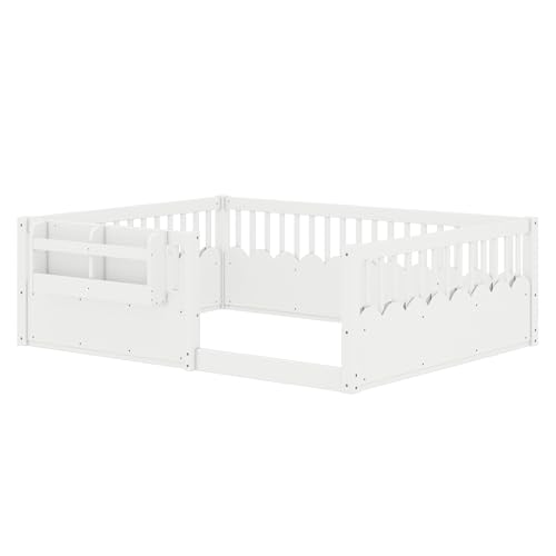 Image of Bellemave Full Size Kids Montessori Floor Bed,Solid Wood Floor Bed Frame with Bookshelf and High Fence for Kids,Girls,Boys,White