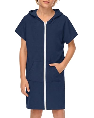 BesserBay Mädchen Strand Schwimmen Badeponcho Seitentaschen mit Kapuze Blau Reißverschluss Surf Poncho 140