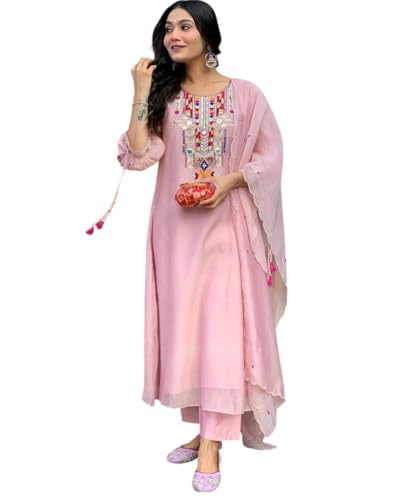 Image of Women's Cotton Mirror Work Embroidered Straight Kurti with Pant and Dupatta Set