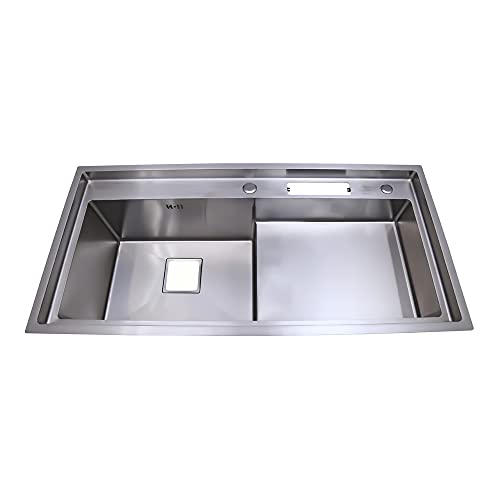 Image of CROCODILE 37x20 Inch 304 Grade Stainless Steel 1.2mm STEP Handmade Kitchen Sink | with Tap Provision, Heavy Duty, Anti-Rust, Sound-Dampening Sink for Modern Kitchens