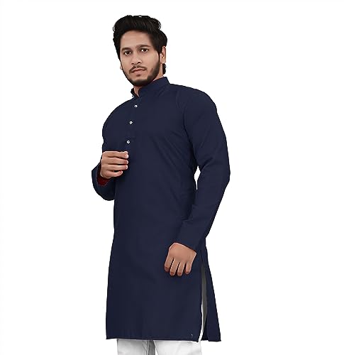 Image of Cotton Blend Full Sleeve Long Plain Kurta for Men