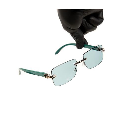 Street Knitted Luxury Silver Frame Unisex Rectangular Rimless Turquoise Tint Lens Retro 90's Stylish Leopard Head Hip Hop Sun Glasses Frameless Square Buffs Summer Shades Sunglasses For Men And Women
