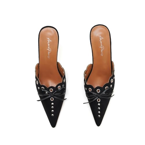 Image of Kitten Heel Mules for Women Bow Tie Suede Stiletto Heels Mule Pointed Toe Studs Slide Heeled Sandal Pumps for Wedding Dress Party