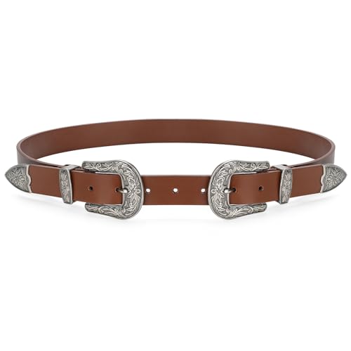 Image of JASGOOD Double Buckle Western Belts for Woman Cowgirl Country Belt Vintage Black Leather Belt for Jeans Pants Dresses