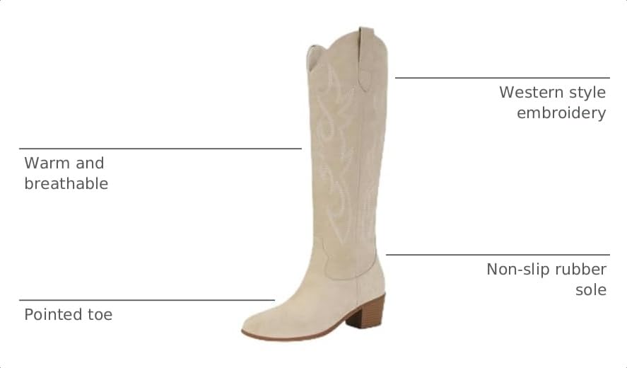 Image of STALOV Cowboy Boots for Women Pull On Chunky Heel Boots Knee High Cowgirl Boots Western Pointed Toe Boots Embroidered Suede Boots