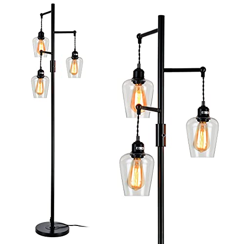 Exclusive Stepeak Farmhouse Floor Lamp, Industrial Glass Standing Light with ON/Off Rotary Switch, 3 Light 64‘’ Tree Tall Lamps for Living Room Bedroom Cafe Office Sofa Corner