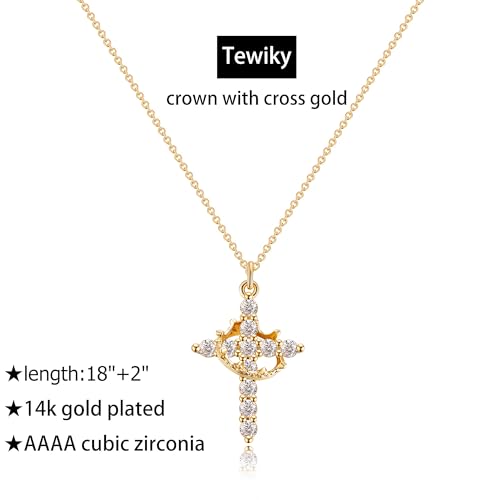 Tewiky NK-01-CROWN CROSS GD Necklace For Women-Cute 14K Gold Plated Crown Cross Pendant Necklaces Simple Diamond Gold Necklaces Faith Cross Jewelry First Communion Necklace thumb #3