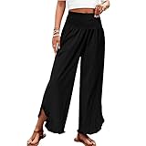 TCHH-DayUp Womens Linen Pants Wide Leg High Waisted Palazzo Cropped Pants Summer Flowy Beach Lounge Casual Trousers Black Large