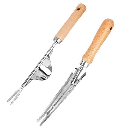 Lot de 2 désherbeurs manuels en acier inoxydable avec manche en bois - Outils de jardin - Avec poignée en bois naturel - Pour désherber le jardin, transplanter